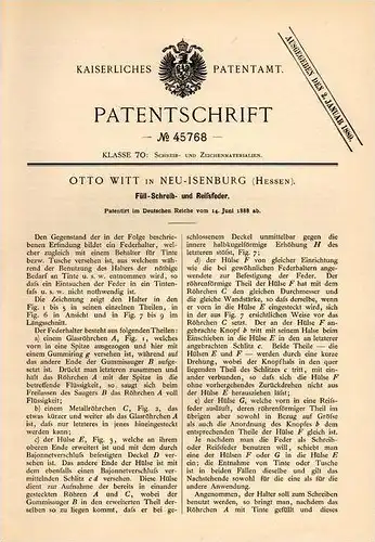 Original Patentschrift - Otto Witt in Neu Isenburg , Hessen , 1888 , Füllfederhalter , Feder , Federhalter !!!