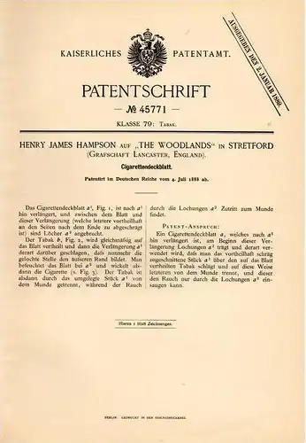 Original Patentschrift - H. Hampson auf The Woodlands in Stretford , Lancaster , 1888 , Cigaretten - Deckblatt , Cigaret