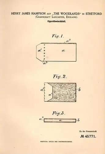 Original Patentschrift - H. Hampson auf The Woodlands in Stretford , Lancaster , 1888 , Cigaretten - Deckblatt , Cigaret