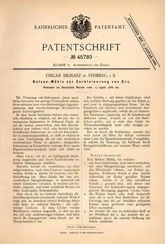 Original Patentschrift - Oscar Bilharz in Freiberg i.S., 1888 , Mühle für Erz , Bergwerk , Bergbau !!!