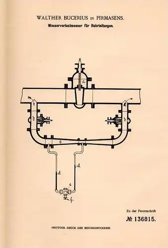 Original Patentschrift - Walther Bucerius in Pirmasens , 1902 , Wasserverlustmesser für Rohrleitungen , Wasserwerk !!!