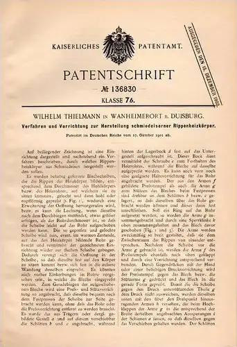 Original Patentschrift - W. Thielmann in Wanheimerort b. Duisburg , 1901 , schmiedeeiserne Heizkörper !!!