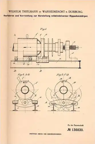 Original Patentschrift - W. Thielmann in Wanheimerort b. Duisburg , 1901 , schmiedeeiserne Heizkörper !!!