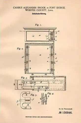 Original Patentschrift - C. Snook in Fort Dodge , Webster County , 1901 , Schublade für Schrank !!!