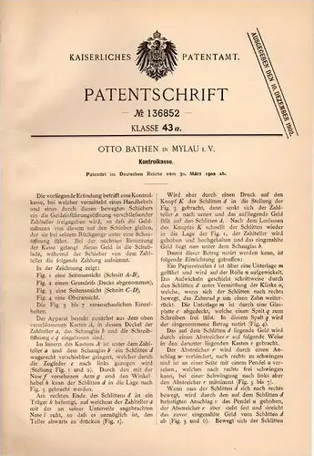 Original Patentschrift - Otto Bathen in Mylau i.V., 1902 , Kontrollkasse , Kasse , Geld , Sparkasse !!!