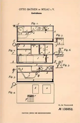 Original Patentschrift - Otto Bathen in Mylau i.V., 1902 , Kontrollkasse , Kasse , Geld , Sparkasse !!!