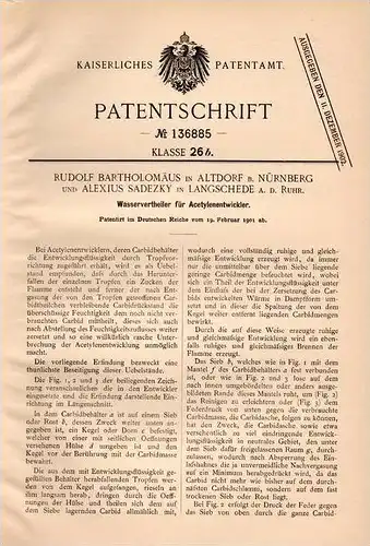 Original Patentschrift - A. Sadezky in Langschede b. Fröndenberg a.d. Ruhr  1901 , Acetylenentwickler !!!