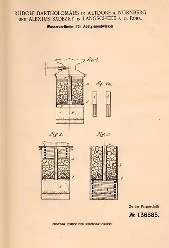 Original Patentschrift - A. Sadezky in Langschede b. Fröndenberg a.d. Ruhr  1901 , Acetylenentwickler !!!