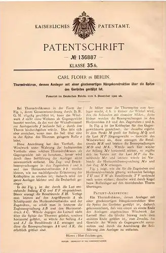 Original Patentschrift - Drehkran , Kran mit Hängekonstruktion , 1901 , Carl Flohr in Berlin , Turmdrehkran !!!