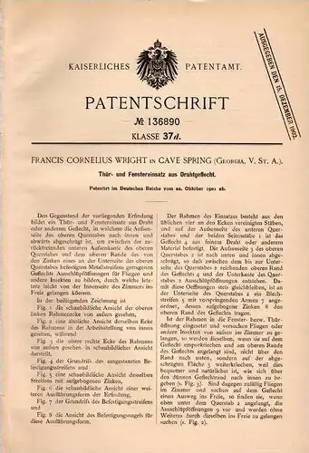 Original Patentschrift - F. Wright in Cave Spring b. Rome , Georgia , 1901 , Drahtgeflecht für Türen und Fenster !!!