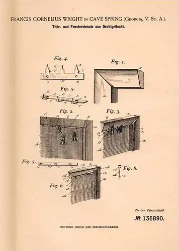 Original Patentschrift - F. Wright in Cave Spring b. Rome , Georgia , 1901 , Drahtgeflecht für Türen und Fenster !!!