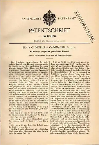 Original Patentschrift - E. Ortelli in Cadenabbia b. Griante , Italia , 1890, galvanisches Element mit Chlorgas , Chemie