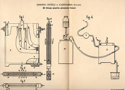 Original Patentschrift - E. Ortelli in Cadenabbia b. Griante , Italia , 1890, galvanisches Element mit Chlorgas , Chemie