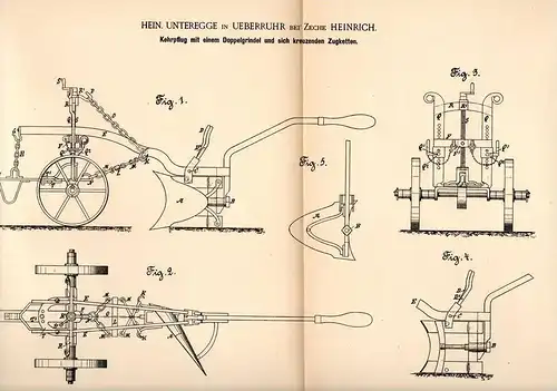 Original Patentschrift - H. Unteregge in Überruhr b. Zeche Heinrich , 1891 , Kehrpflug , Pflug , Essen !!!