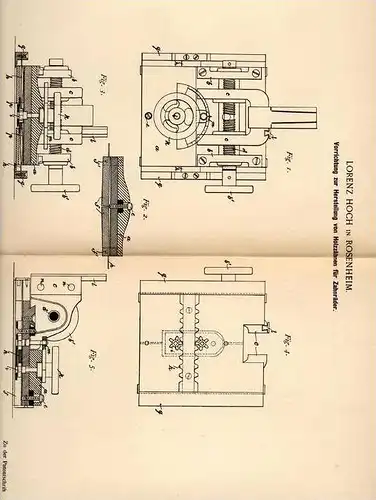 Original Patentschrift - Lorenz Hoch in Rosenheim , 1891 , Holzzähne für Zahnräder , Zahnrad !!!