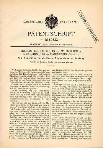 Original Patentschrift - Th. Lees in Hollinwood b. Manchester , 1891 , Regulator mit Expansionsapparat !!!