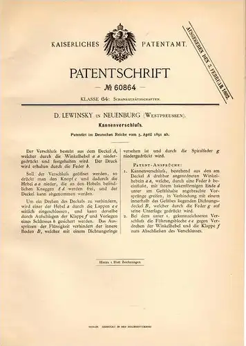 Original Patentschrift - D. Lewinsky in Neuenburg i. Westpreussen , Nowe , 1891 , Verschluss für Kannen , Milchkanne !!!