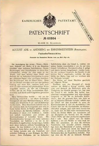 Original Patentschrift - August Ark in Arenberg b. Ehrenbreitstein , 1891 , Fadenheftmaschine , Buchbinder , Koblenz !!!