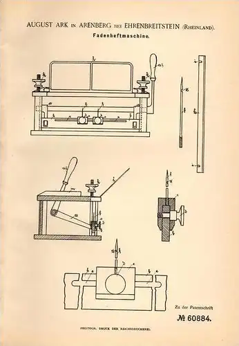 Original Patentschrift - August Ark in Arenberg b. Ehrenbreitstein , 1891 , Fadenheftmaschine , Buchbinder , Koblenz !!!