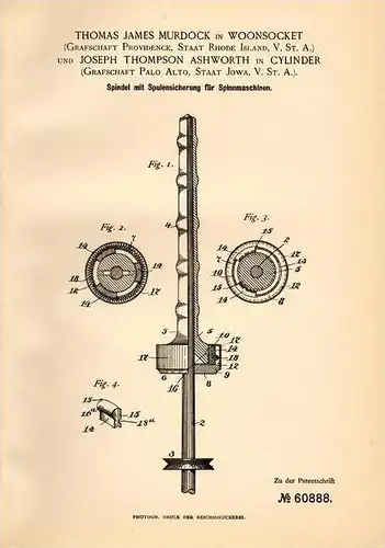 Original Patentschrift - T. Murdock in Woonsocket , Rhode Island und Cylinder , Palo Alto , 1891 , Spinnerei , Spule !!!