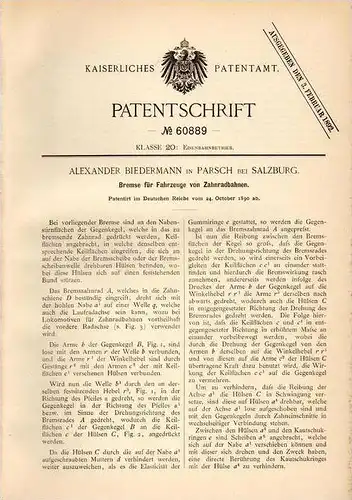 Original Patentschrift - A. Biedermann in Parsch b. Salzburg , 1890 , Zahnradbahn , Eisenbahn , Lokomotive !!!