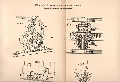 Original Patentschrift - A. Biedermann in Parsch b. Salzburg , 1890 , Zahnradbahn , Eisenbahn , Lokomotive !!!