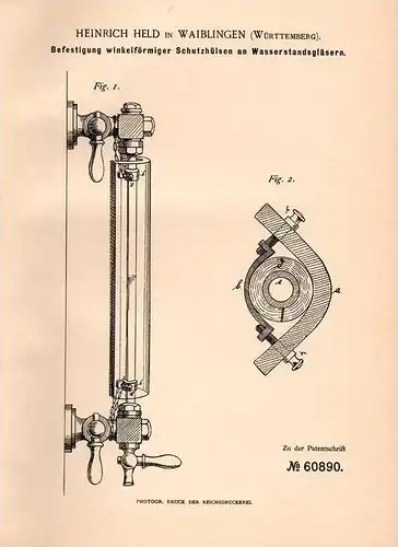 Original Patentschrift - H. Held in Waiblingen , Württ., 1891 , Wasserstandsgläser für Lokomotive !!!