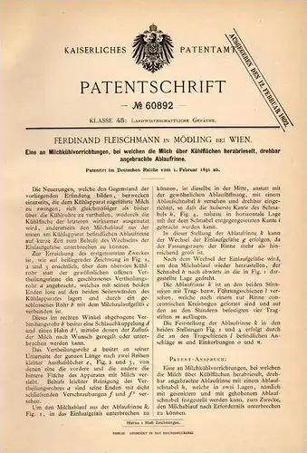 Original Patentschrift - F.Fleischmann in Mödling b. Wien , 1891 , Kühlapparat für Milch , Bauer , Kuh !!!