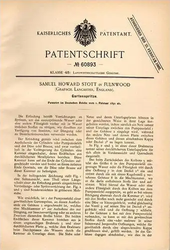 Original Patentschrift - Samuel Stott in Fulwood , Lancaster , 1891 , Gartenspritze , Spritze , Desinfection !!!