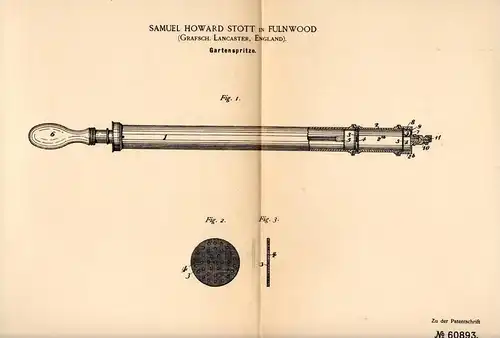 Original Patentschrift - Samuel Stott in Fulwood , Lancaster , 1891 , Gartenspritze , Spritze , Desinfection !!!