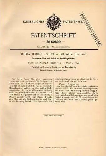 Original Patentschrift - Breda , Berliner & Co in Bahnhof Gleiwitz , 1891 , Dichtungsdeckel , Innenverschluß !!!