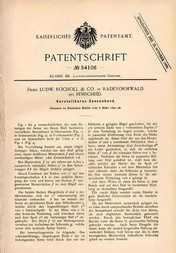 Original Patentschrift - L. Rocholl & Co in Radevormwald b. Remscheid , 1890 , verstellbares Sensenband , Sense !!!