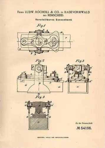 Original Patentschrift - L. Rocholl & Co in Radevormwald b. Remscheid , 1890 , verstellbares Sensenband , Sense !!!