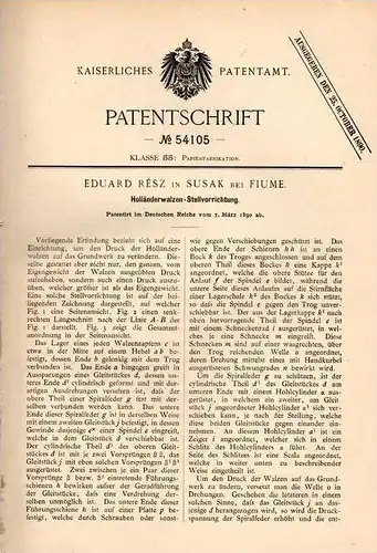 Original Patentschrift - Eduard Rész in Susak b. Fiume / Rijeka , 1890 , Walzen - Stellapparat !!!