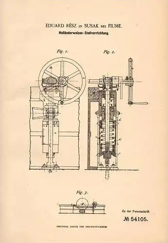 Original Patentschrift - Eduard Rész in Susak b. Fiume / Rijeka , 1890 , Walzen - Stellapparat !!!