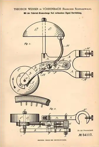 Original Patentschrift - Th. Weisser in Vöhrenbach , Schwarzwald , 1890, Signalapparat für Fahrräder , Klingel , Fahrrad