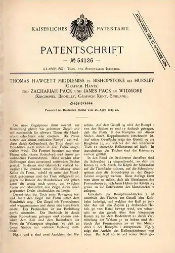 Original Patentschrift - T. Middlemiss in Bishopstoke b. Hursley , Hants , 1889 , Ziegelpresse , Ziegel , Presse !!!