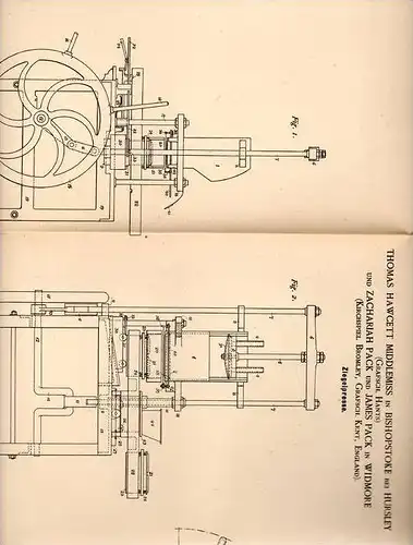 Original Patentschrift - T. Middlemiss in Bishopstoke b. Hursley , Hants , 1889 , Ziegelpresse , Ziegel , Presse !!!