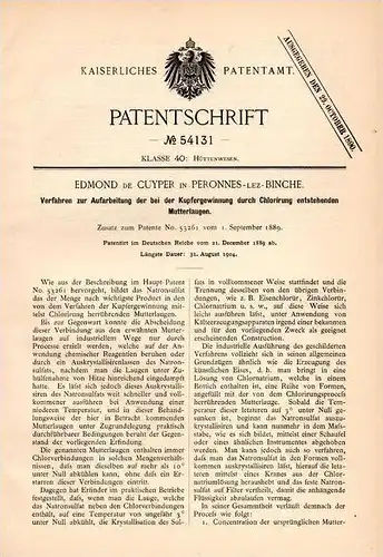 Original Patentschrift - Edmond de Cuyper in Péronnes lez Binche , 1889 , Kupfer - Gewinnung , Aufarbeitung von Laugen !