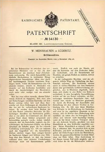 Original Patentschrift - W. Meinshausen in Lüderitz b. Tangerhütte , 1889 , Drillmaschine , Landwirtschaft , Drille !!!