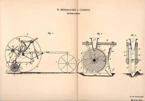 Original Patentschrift - W. Meinshausen in Lüderitz b. Tangerhütte , 1889 , Drillmaschine , Landwirtschaft , Drille !!!