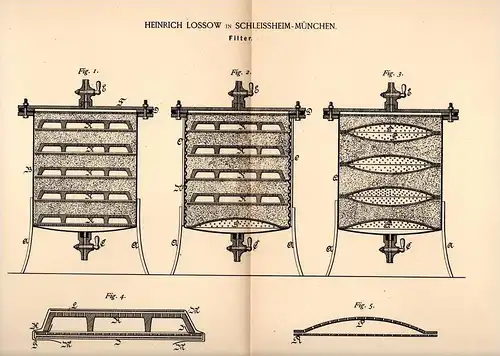 Original Patentschrift - H. Lossow in Schleissheim - München , 1890 , Filter für Flüssigkeit !!!