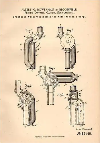 Original Patentschrift - A. Bowerman in Bloomfield / Prinz Edward County , Ontario , 1890 , Wasserverschluss für Rohre !