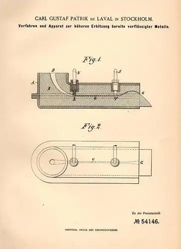 Original Patentschrift - C.G. Patrik de Laval in Stockholm , 1890 , Apparat zum Erhitzen von Metall , Eisen , Hochofen !