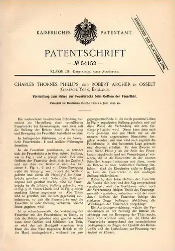 Original Patentschrift - C. Phillips und R. Archer in Osselt , York , 1890 , Feuerbrücke für Türen , Feuer , Kessel !!!