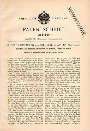 Original Patentschrift - R. Kronenberg und Carl Prinz in Altena i.W. , 1890 , Maschine für Drahte und Stäbe , Kronprinz