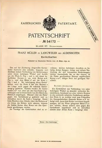 Original Patentschrift - F. Müller in Lagweiler b. Aldenhoven , 1890 , Gerüst , Gerüsthalter , Rüstung !!!