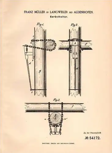 Original Patentschrift - F. Müller in Lagweiler b. Aldenhoven , 1890 , Gerüst , Gerüsthalter , Rüstung !!!