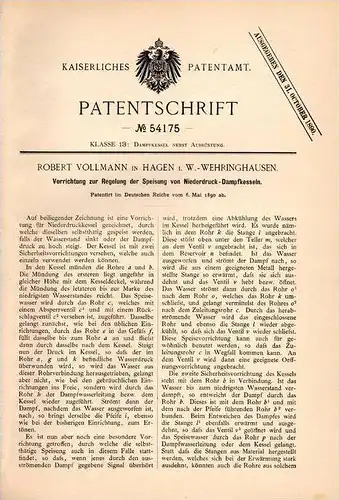 Original Patentschrift - R. Vollmann in Hagen i.W. - Wehringhausen , 1890 , Apparat zur Regelung bei Dampfkesseln !!!