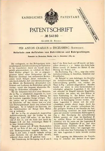 Original Patentschrift - Per A. Craelius in Engelsberg b. Fagersta , Schweden , 1889 , Apparat für Bohrer , Bergwerk !!!